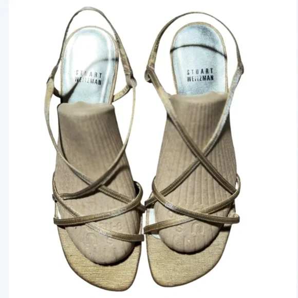 Stuart Weitzman Gold Strappy Kitten Heel Sandals - Picture 1 of 10